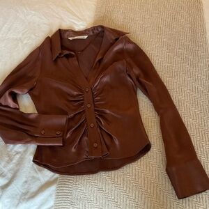Zara Tops | Zara Ruched Satin Effect Shirt,  Color: Brown Size small